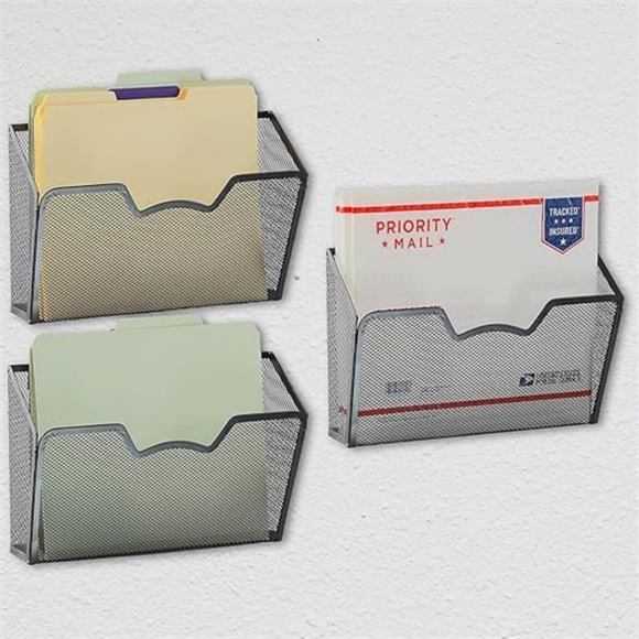 3 Pack - SimpleHouseware Wall Mount Single Pocket File Organizer Holder, Black - Picture 7 of 7